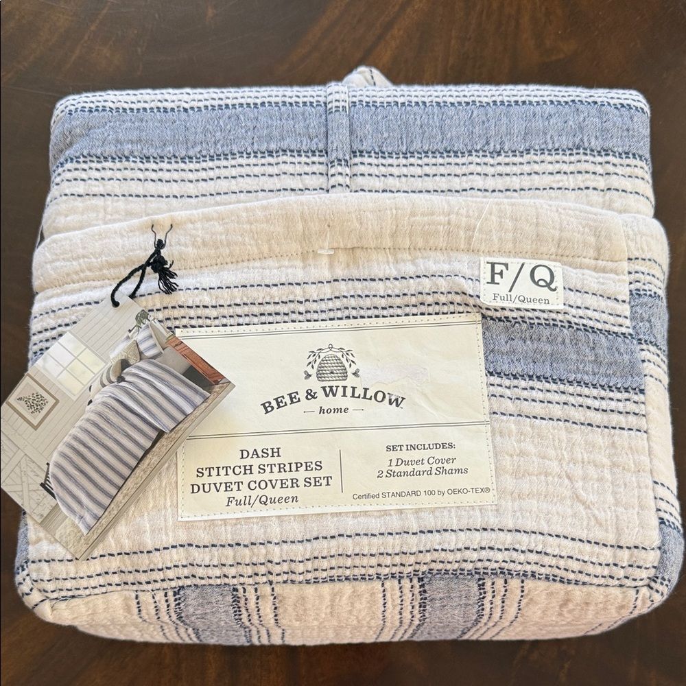 Bee & Willow Dash Stitch Stripes Duvet Cover Set Full/ Queen - Blue and Neutral - Picture 4 of 8